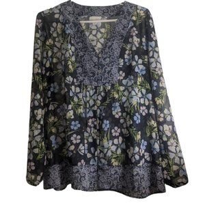 J.Jill Women's L Floral Print Long Sleeve V-Neck Multicolor Top Blouse Buttons